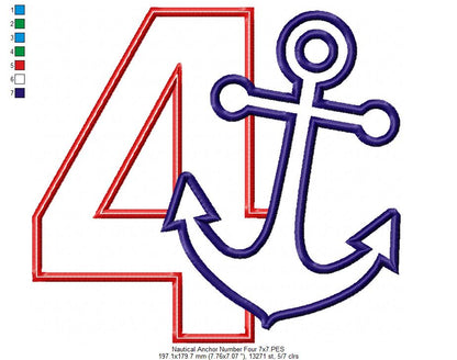 Nautical Anchor Number 4 Four 4th Birthday - Applique