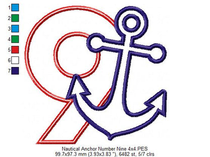 Nautical Anchor Number 9 Nine 9th Birthday - Applique