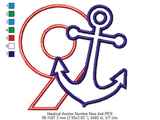 Nautical Anchor Number 9 Nine 9th Birthday - Applique