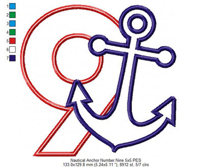 Nautical Anchor Number 9 Nine 9th Birthday - Applique