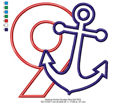 Nautical Anchor Number 9 Nine 9th Birthday - Applique