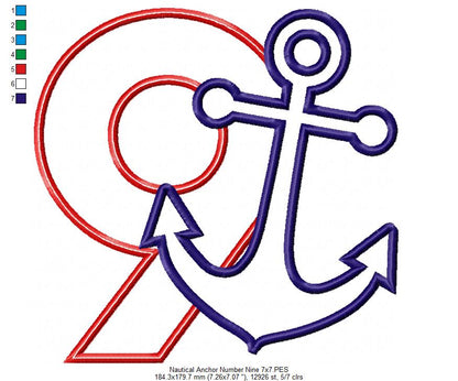 Nautical Anchor Number 9 Nine 9th Birthday - Applique