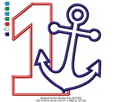 Nautical Anchor Number 1 One 1st Birthday - Applique
