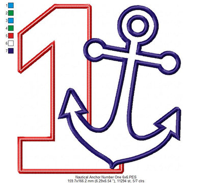 Nautical Anchor Number 1 One 1st Birthday - Applique