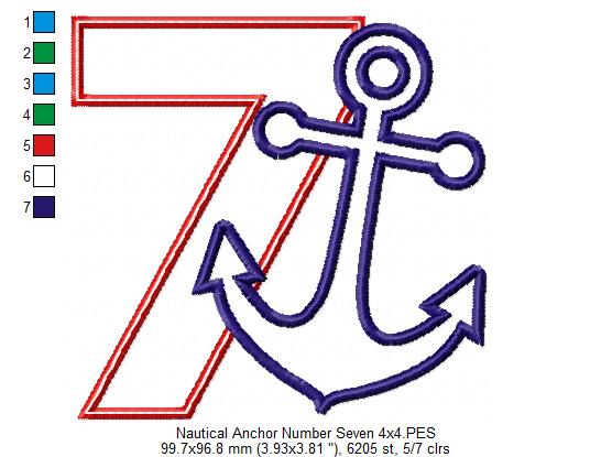 Nautical Anchor Number 7 Seven 7th Birthday - Applique