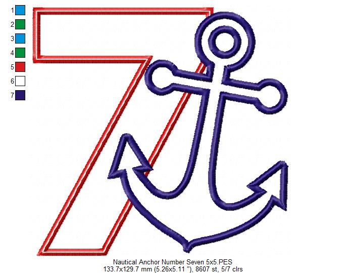 Nautical Anchor Number 7 Seven 7th Birthday - Applique