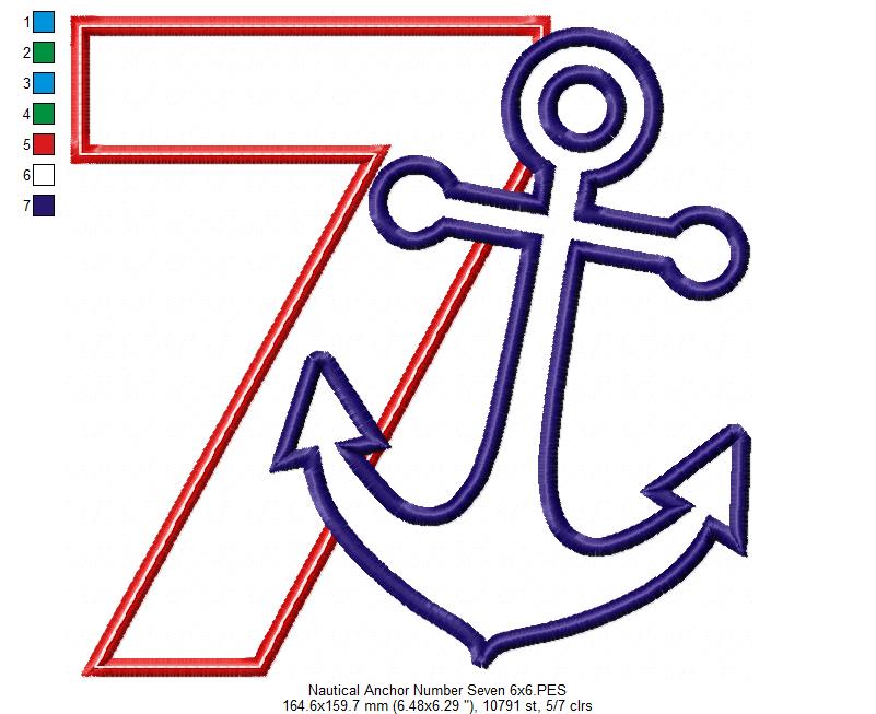 Nautical Anchor Number 7 Seven 7th Birthday - Applique