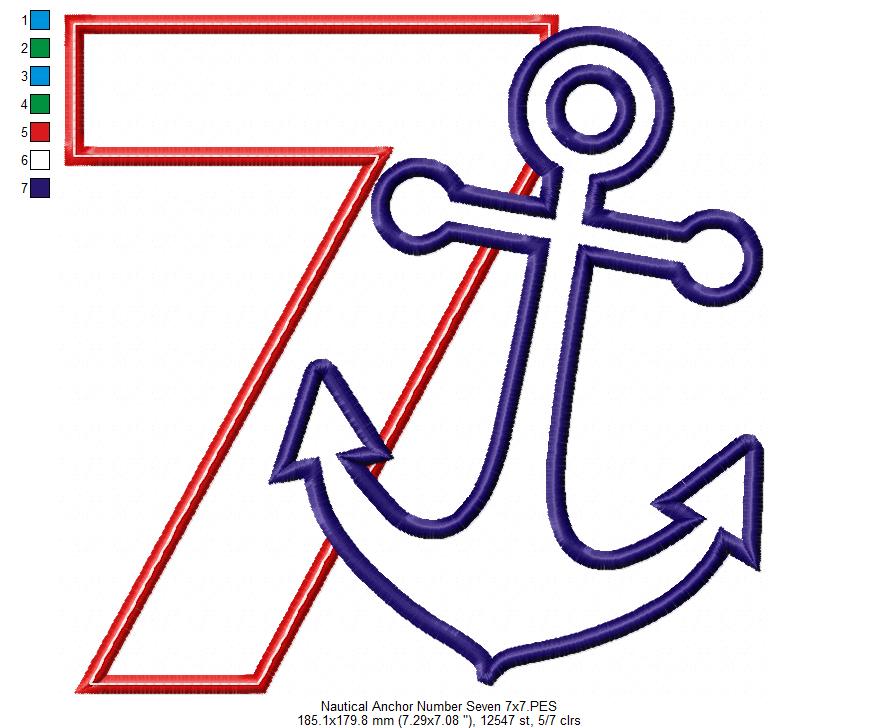 Nautical Anchor Number 7 Seven 7th Birthday - Applique