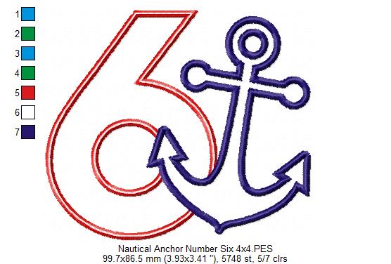Nautical Anchor Number 6 Six 6th Birthday - Applique