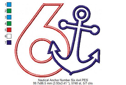 Nautical Anchor Number 6 Six 6th Birthday - Applique