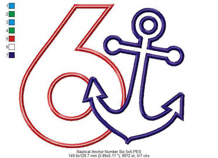 Nautical Anchor Number 6 Six 6th Birthday - Applique