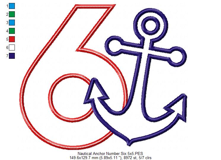 Nautical Anchor Number 6 Six 6th Birthday - Applique