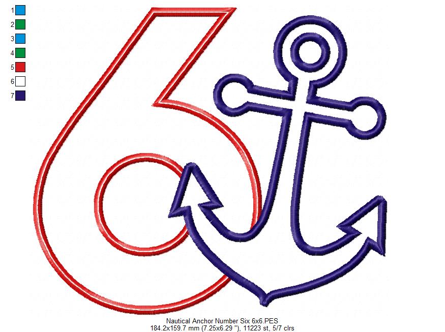 Nautical Anchor Number 6 Six 6th Birthday - Applique