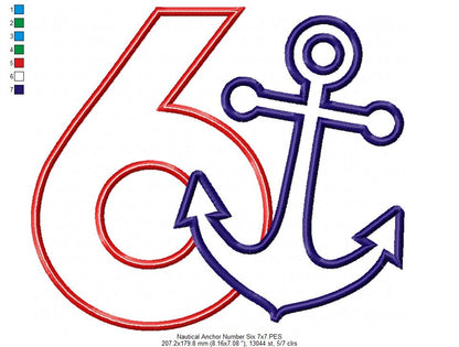 Nautical Anchor Number 6 Six 6th Birthday - Applique