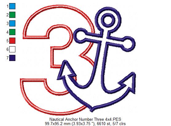 Nautical Anchor Number 3 Three 3rd Birthday - Applique