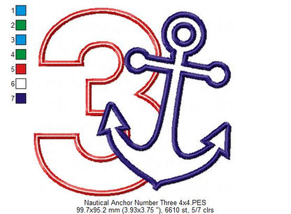 Nautical Anchor Number 3 Three 3rd Birthday - Applique