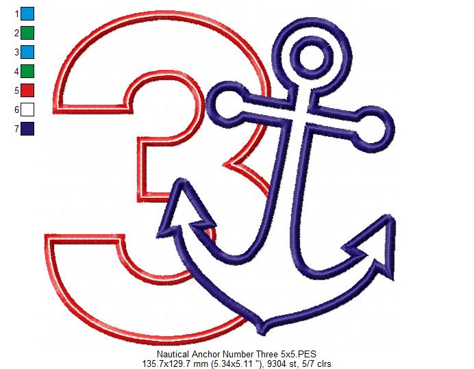 Nautical Anchor Number 3 Three 3rd Birthday - Applique