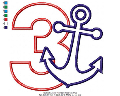 Nautical Anchor Number 3 Three 3rd Birthday - Applique