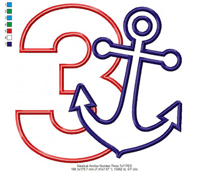 Nautical Anchor Number 3 Three 3rd Birthday - Applique