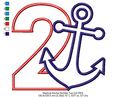 Nautical Anchor Number 2 Two 2nd Birthday - Applique