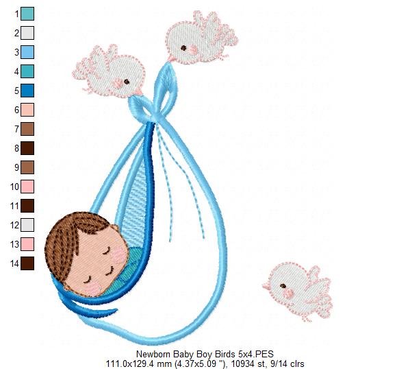 Newborn Baby Boy and Birds - Applique