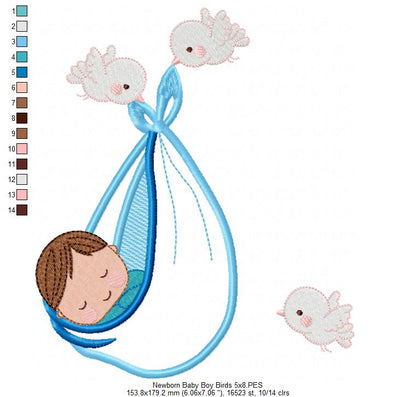 Newborn Baby Boy and Birds - Applique
