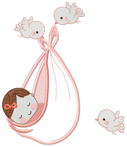 Newborn Baby Girl and Birds - Applique Embroidery