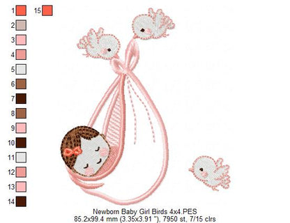 Newborn Baby Girl and Birds - Applique Embroidery