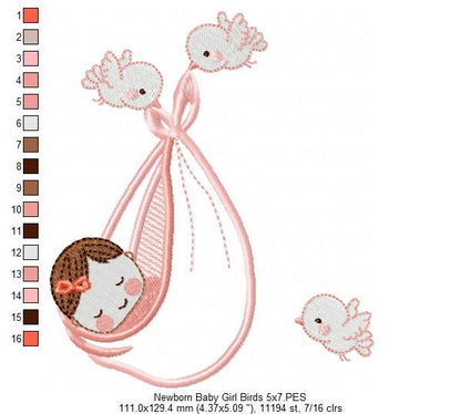 Newborn Baby Girl and Birds - Applique Embroidery