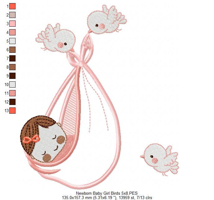 Newborn Baby Girl and Birds - Applique Embroidery