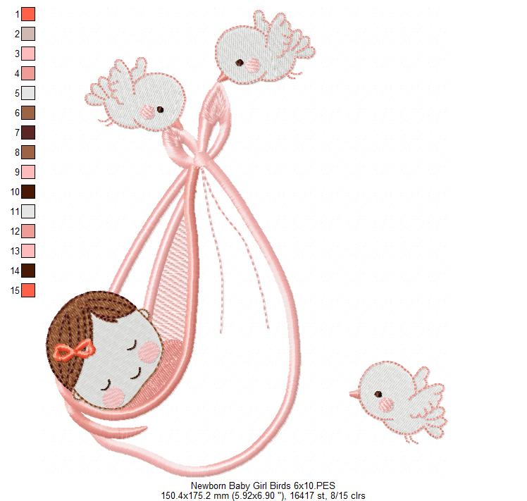 Newborn Baby Girl and Birds - Applique Embroidery