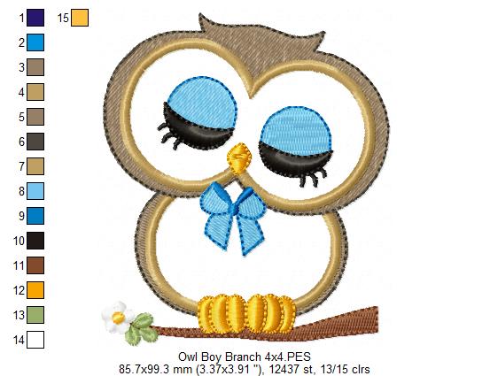 Cute Owl Girl and Boy on the Branch - Applique - Set of 2 designs