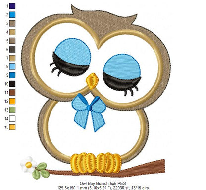 Cute Owl Boy on the Branch - Applique