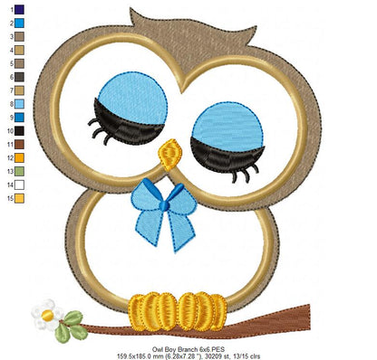 Cute Owl Boy on the Branch - Applique