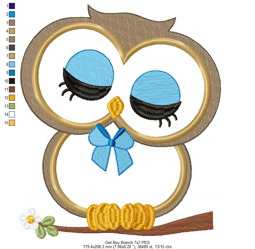 Cute Owl Boy on the Branch - Applique