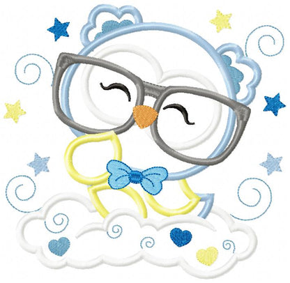 Cute Owl Boy with Glasses - Applique Embroidery
