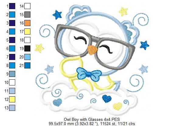 Cute Owl Boy with Glasses - Applique Embroidery