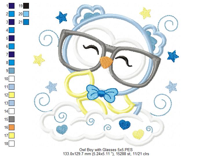 Cute Owl Boy with Glasses - Applique Embroidery