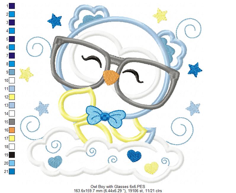 Cute Owl Boy with Glasses - Applique Embroidery