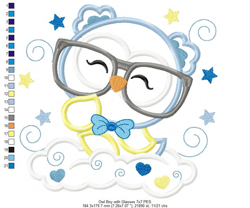 Cute Owl Boy with Glasses - Applique Embroidery