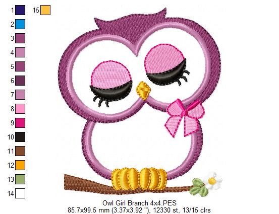 Cute Owl Girl on the Branch - Applique