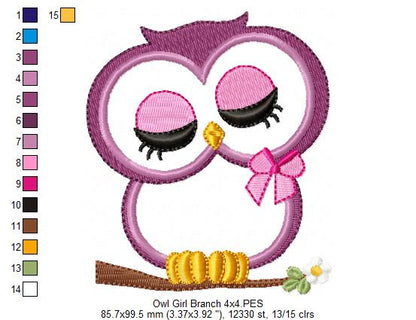 Cute Owl Girl on the Branch - Applique