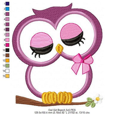 Cute Owl Girl on the Branch - Applique