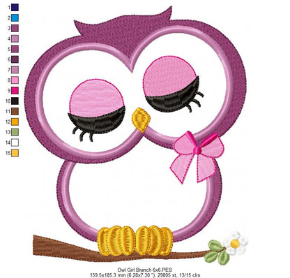 Cute Owl Girl on the Branch - Applique
