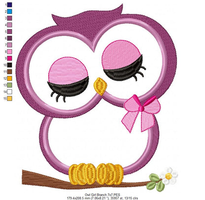 Cute Owl Girl on the Branch - Applique