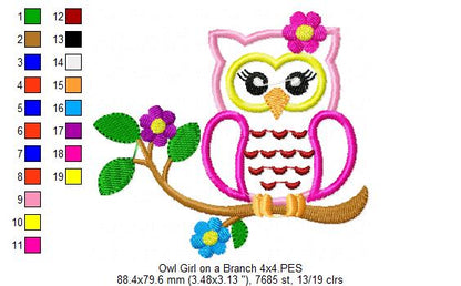 Owl Girl on a Branch - Applique