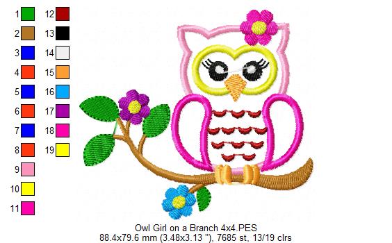 Owl Girl on a Branch - Applique