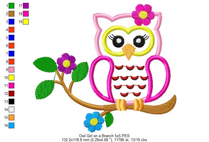 Owl Girl on a Branch - Applique