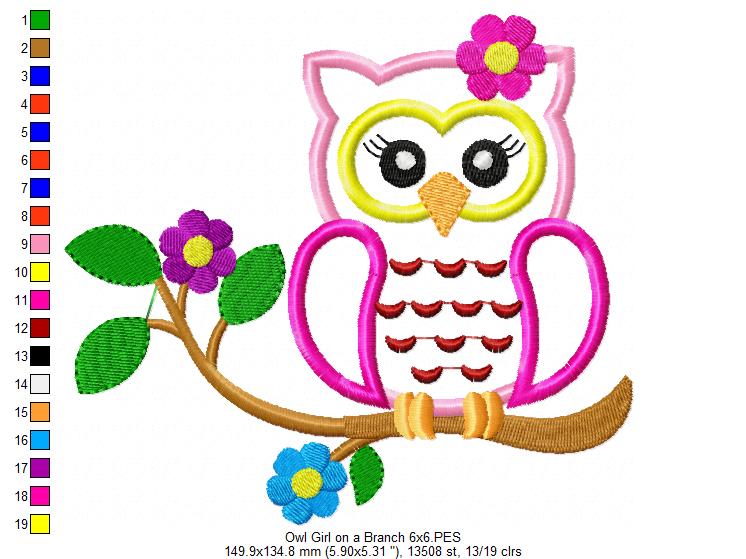 Owl Girl on a Branch - Applique