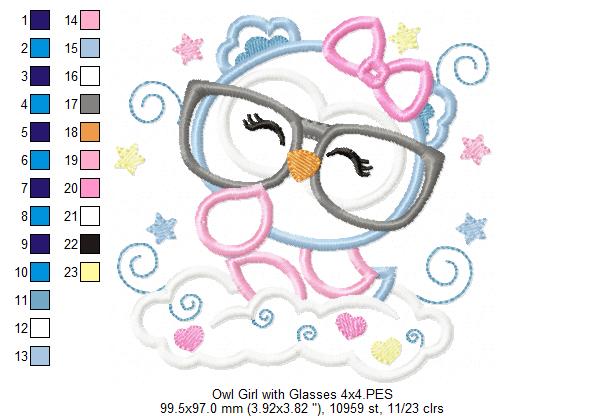 Cute Owl Girl with Glasses - Applique